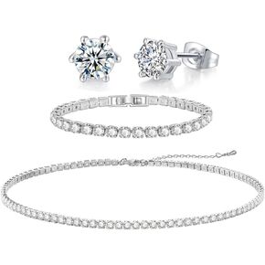 PORYIMEE Tennis Necklace Bracelet Earrings Jewelry Sets for Women Teen Girls Silver/Gold Plated Cubic Zirconia Necklace Set Fashion Jewelry Pack of 3
