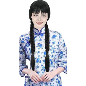 Yuehong ضفائر سوداء طويلة شعر مستعار الانفجارات طويلة أسلاك التوصيل المصنوعة الشعر الاصطناعية مقاومة للحرارة شعر مستعار لحفلات الهالوين التنكرية (الكبار)