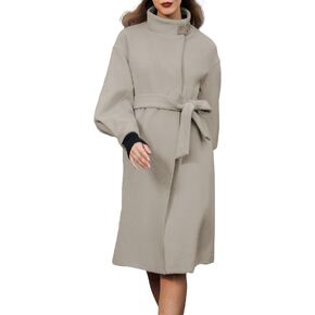 SDEER Women's Long Wool Coat H-shaped Stand Collar Puff Sleeve Peacoat Belted Trench Coats with Pockets