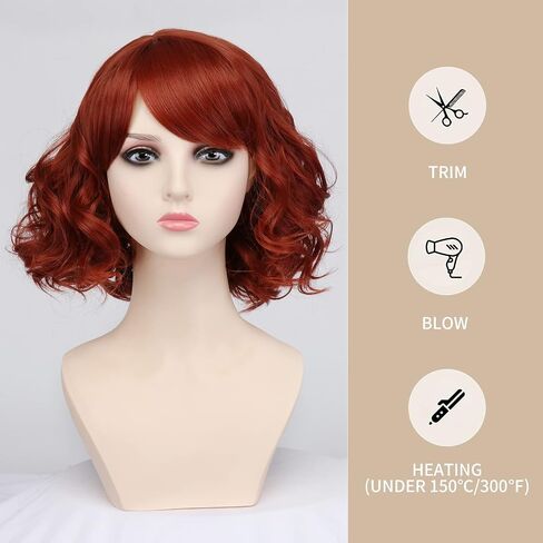 HIAYSAN Copper Red Curly Wig with Bangs Short Curly Wigs for Women Synthetic Naturally Hair Wavy Layered Wig for Cosplay Halloween in Saudi Arabia