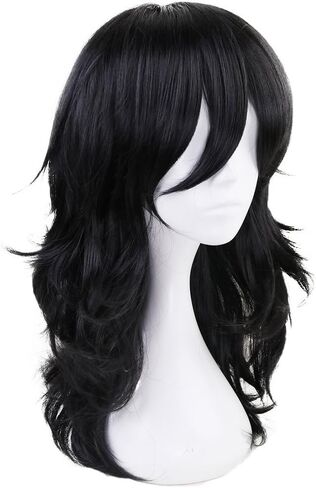 ANOGOL Hair Cap+Cosplay Wig Long Wavy Bangs Synthetic Hair Black Wigs For Women Girls Men Boys Dress Up Wig For Anime Cartoon Costume Party Wig For Halloween Wig For Christmas Wig in Saudi Arabia