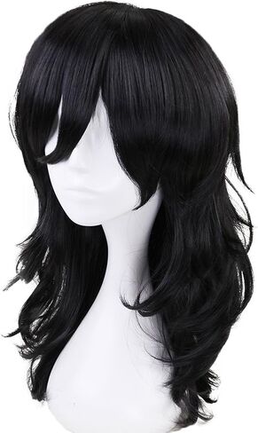 ANOGOL Hair Cap+Cosplay Wig Long Wavy Bangs Synthetic Hair Black Wigs For Women Girls Men Boys Dress Up Wig For Anime Cartoon Costume Party Wig For Halloween Wig For Christmas Wig in Saudi Arabia