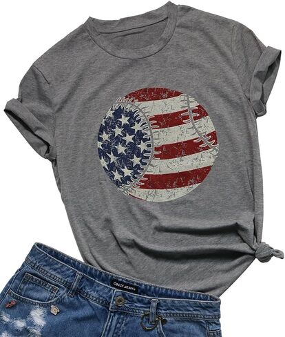 UNIQUEONE Women's American Flag Baseball Printed T-Shirt O-Neck Short Sleeve Causal Tops in Saudi Arabia