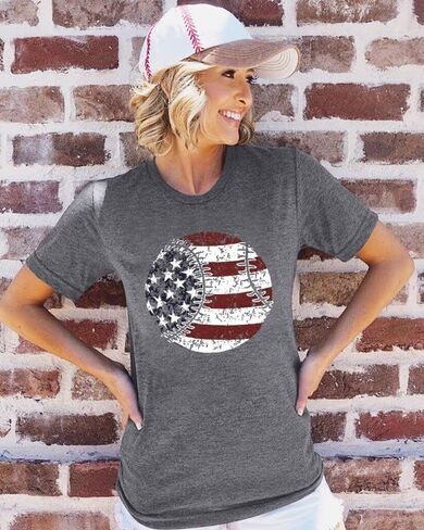 UNIQUEONE Women's American Flag Baseball Printed T-Shirt O-Neck Short Sleeve Causal Tops in Saudi Arabia