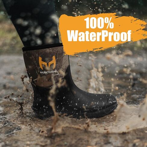 Hunthor Rubber Boots for Men with Steel Shank, 6mm Neoprene Insulated Rain Boots, Mid Calf Waterproof Rubber Work Boots for Hunting, Gardening, Farming, Fishing in Kuwait