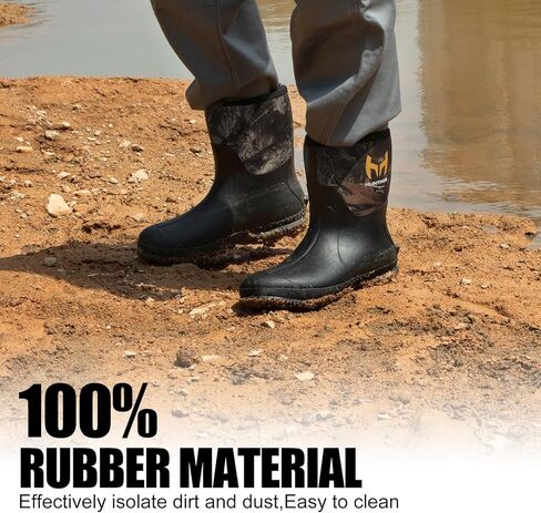 Hunthor Rubber Boots for Men with Steel Shank, 6mm Neoprene Insulated Rain Boots, Mid Calf Waterproof Rubber Work Boots for Hunting, Gardening, Farming, Fishing in Kuwait