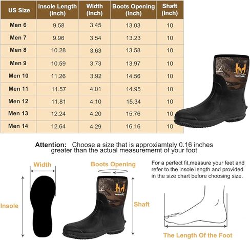 Hunthor Rubber Boots for Men with Steel Shank, 6mm Neoprene Insulated Rain Boots, Mid Calf Waterproof Rubber Work Boots for Hunting, Gardening, Farming, Fishing in Kuwait