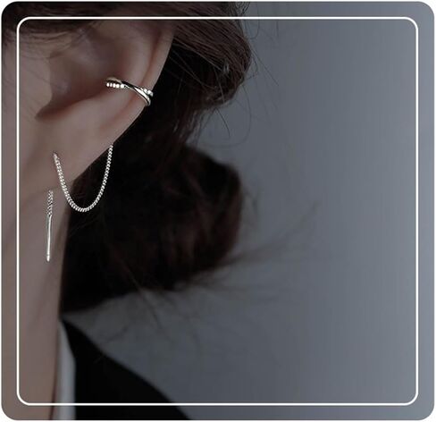 925 Sterling Silver Cuff Chain Earrings Wrap Tassel Earrings for Women Long Threader Earring Dangly Double Piercing Jewelry Gift for Girls in Kuwait