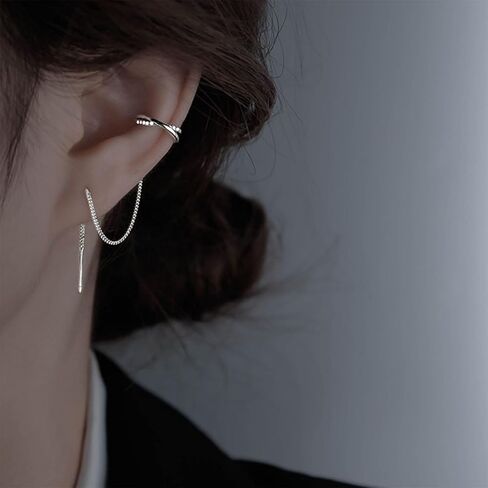 925 Sterling Silver Cuff Chain Earrings Wrap Tassel Earrings for Women Long Threader Earring Dangly Double Piercing Jewelry Gift for Girls in Kuwait