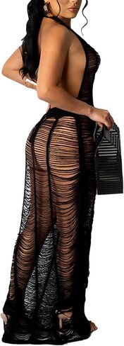 Women Sexy Halter Sleeveless Mesh See Through Crochet Maxi Long Dress Backless Knitted Beach Bikini Swimsuit Cover Ups in Saudi Arabia
