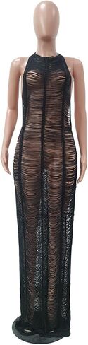Women Sexy Halter Sleeveless Mesh See Through Crochet Maxi Long Dress Backless Knitted Beach Bikini Swimsuit Cover Ups in Saudi Arabia