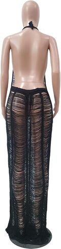 Women Sexy Halter Sleeveless Mesh See Through Crochet Maxi Long Dress Backless Knitted Beach Bikini Swimsuit Cover Ups in Saudi Arabia