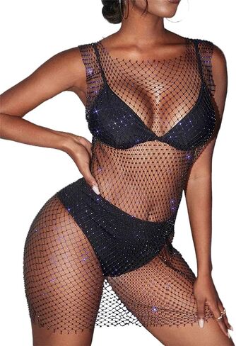 ملابس سباحة شبكية مثيرة من السابق، أغطية شفافة من حجر الراين للشاطئ بدون أكمام، أغطية شبكية مفرغة من الجسم in Kuwait