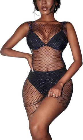 ملابس سباحة شبكية مثيرة من السابق، أغطية شفافة من حجر الراين للشاطئ بدون أكمام، أغطية شبكية مفرغة من الجسم in Kuwait