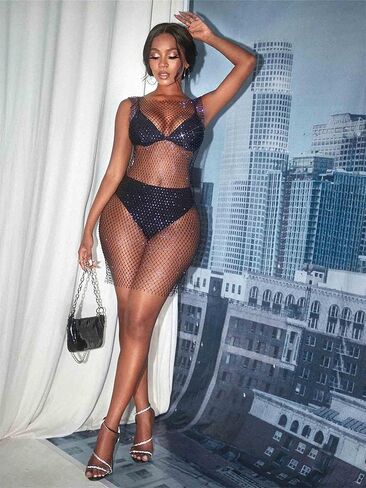 ملابس سباحة شبكية مثيرة من السابق، أغطية شفافة من حجر الراين للشاطئ بدون أكمام، أغطية شبكية مفرغة من الجسم in Kuwait