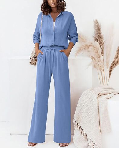 Dowerme ملابس نسائية لخريف 2 قطعة 2023 بدلة رياضية غير رسمية بأزرار للأسفل قمصان برباط طويل طقم صالة بدلة رياضية in Kuwait