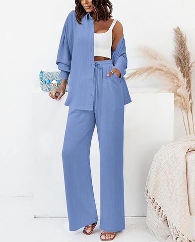 Dowerme ملابس نسائية لخريف 2 قطعة 2023 بدلة رياضية غير رسمية بأزرار للأسفل قمصان برباط طويل طقم صالة بدلة رياضية in Kuwait