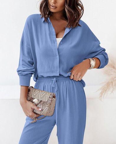 Dowerme ملابس نسائية لخريف 2 قطعة 2023 بدلة رياضية غير رسمية بأزرار للأسفل قمصان برباط طويل طقم صالة بدلة رياضية in Kuwait