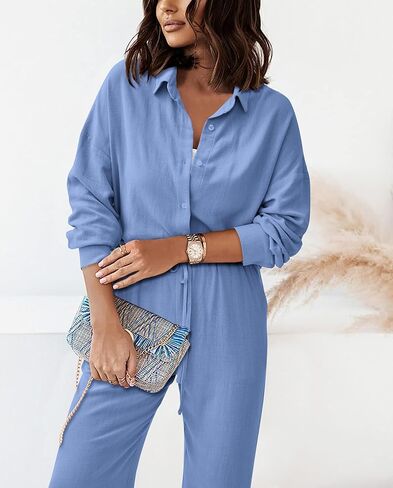 Dowerme ملابس نسائية لخريف 2 قطعة 2023 بدلة رياضية غير رسمية بأزرار للأسفل قمصان برباط طويل طقم صالة بدلة رياضية in Kuwait