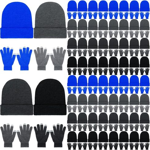 Suhine 128 Pcs Bulk Winter Knit Beanie Hats and Gloves for Men Women Included 64 Warm Beanie and 64 Touchscreen Gloves for Homeless Warm Cozy Gifts in Saudi Arabia