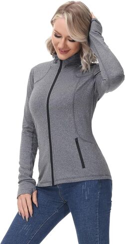 خيار آخر للنساء جاكيت للتمرين خفيف الوزن لليوجا والجري جاكيت نسائي رياضي نحيف مع فتحات للإبهام in Kuwait