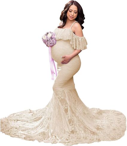 MYRISAM Women Maternity Lace Mermaid Gown Off Shoulder Ruffle Slim Fitted Photo Shoot Wedding Party Prom Baby Shower Dress in Kuwait