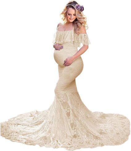 MYRISAM Women Maternity Lace Mermaid Gown Off Shoulder Ruffle Slim Fitted Photo Shoot Wedding Party Prom Baby Shower Dress in Kuwait