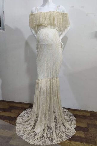 MYRISAM Women Maternity Lace Mermaid Gown Off Shoulder Ruffle Slim Fitted Photo Shoot Wedding Party Prom Baby Shower Dress in Kuwait