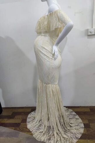MYRISAM Women Maternity Lace Mermaid Gown Off Shoulder Ruffle Slim Fitted Photo Shoot Wedding Party Prom Baby Shower Dress in Kuwait