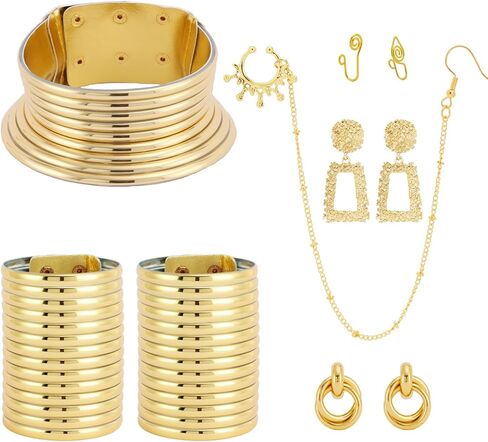 FINZOR 10Pcs African National Jewelry Women Set Flamboyant Egypt Choker Bracelet African Nose Rings Hoop African Nose Cuff Chain Earrings for Halloween Theme Party in Kuwait