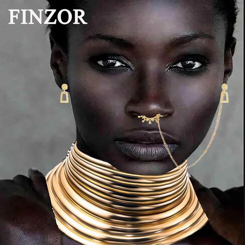 FINZOR 10Pcs African National Jewelry Women Set Flamboyant Egypt Choker Bracelet African Nose Rings Hoop African Nose Cuff Chain Earrings for Halloween Theme Party in Kuwait