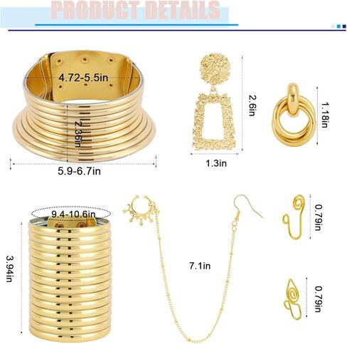 FINZOR 10Pcs African National Jewelry Women Set Flamboyant Egypt Choker Bracelet African Nose Rings Hoop African Nose Cuff Chain Earrings for Halloween Theme Party in Kuwait