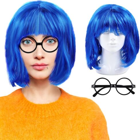 Taiyin Blue Wig with Black Round Glasses Halloween Women Costume Short Bob Wig Party Wigs Party Sunglasses for Halloween Cosplay Party Bachelorette Carnival Holiday in Saudi Arabia