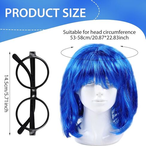 Taiyin Blue Wig with Black Round Glasses Halloween Women Costume Short Bob Wig Party Wigs Party Sunglasses for Halloween Cosplay Party Bachelorette Carnival Holiday in Saudi Arabia