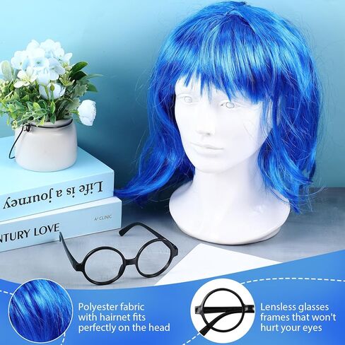Taiyin Blue Wig with Black Round Glasses Halloween Women Costume Short Bob Wig Party Wigs Party Sunglasses for Halloween Cosplay Party Bachelorette Carnival Holiday in Saudi Arabia