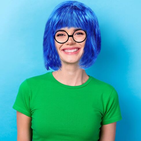Taiyin Blue Wig with Black Round Glasses Halloween Women Costume Short Bob Wig Party Wigs Party Sunglasses for Halloween Cosplay Party Bachelorette Carnival Holiday in Saudi Arabia