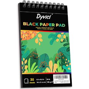 Dyvicl Black Paper Sketchbook 5.5"x8.5", 90 lb/150 GSM, 35 Sheets, Spiral Black Sketch Pad Drawing Paper for Pencil, Pastel, White Ink Gel Pen, Charcoal, Chalk, Metallic Marker, Paint Pen