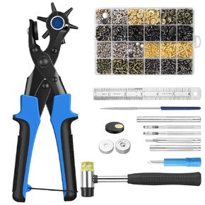 CAMWAY Leather Hole Punch,Revolving Leather Punches+240pcs Double Cap Leather Rivets+120pcs Leather Snap Fasteners+Plastic Hammer,Belt Hole Punch Plier,Punch Hole Tool Kit for Crafting Fabric