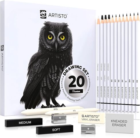 Artisto Drawing and Sketching Pencil Art Set (20 Items) - Complete Kit with Graphite Pencils, Charcoal Pencils, Sticks, Blending Stumps, Erasers, and Sharpeners. in Saudi Arabia