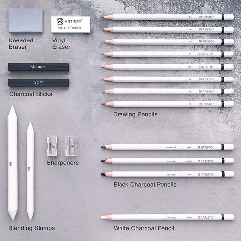 Artisto Drawing and Sketching Pencil Art Set (20 Items) - Complete Kit with Graphite Pencils, Charcoal Pencils, Sticks, Blending Stumps, Erasers, and Sharpeners. in Saudi Arabia