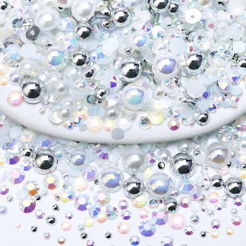 60g Mix Pearls and Rhinestones, Half Pearls and Rhinestones for Crafts Tumblers Shoes Nails Face Art, 2mm-10mm Mixed Sizes, Champagne Gold Blend in Kuwait