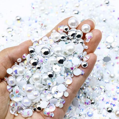 60g Mix Pearls and Rhinestones, Half Pearls and Rhinestones for Crafts Tumblers Shoes Nails Face Art, 2mm-10mm Mixed Sizes, Champagne Gold Blend in Kuwait