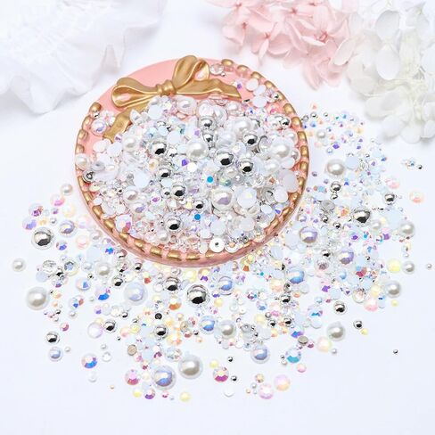 60g Mix Pearls and Rhinestones, Half Pearls and Rhinestones for Crafts Tumblers Shoes Nails Face Art, 2mm-10mm Mixed Sizes, Champagne Gold Blend in Kuwait
