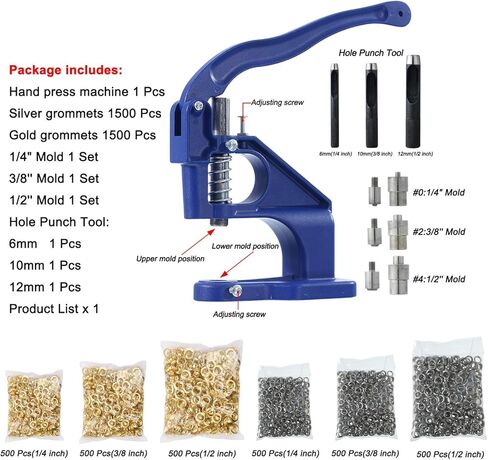 مجموعات أدوات الضغط اليدوي من DWIKE مع 3 قوالب، 1500 حلقة معدنية ذهبية و1500 حلقة فضية (مقاس 1/4 بوصة، 3/8 بوصة، 1/2 بوصة)، أداة ثقب الثقب (6 مم، 10 مم، 12 مم)، صنع الفتحات لـ خيام ستائر جلدية كرافت in Kuwait