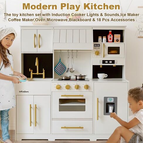 مجموعة ألعاب المطبخ الخشبية الحديثة من inFUNSAME مع مجموعة متنوعة من ميزات اللعب التفاعلية للمطبخ التظاهري و18 قطعة من ملحقات اللعب، مجموعة ألعاب مطبخ للأطفال الصغار للأولاد والبنات من عمر 3 سنوات فما فوق in Kuwait