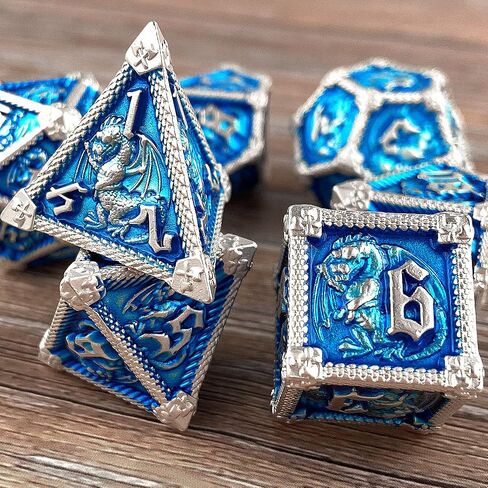 AUSTOR 7-Die Metal DND مجموعة النرد الزنزانات والتنينات مع صندوق لفة لعب النرد متعدد السطوح D20 D12 D10 D٪ D8 D6 D4 النرد المعدني لألعاب Pathfinder Warhammer MTG RPG in Kuwait