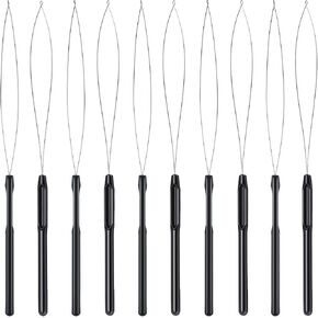 10 Pieces Hair Extension Loop Needle Threader Pulling Hook Tool and Bead Device Tool Black Loop Threader for Hair or Feather Extensions (Black)