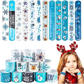 LOMIMOS 48PCS Christmas Blue White Slap Bracelet,Xmas Snap Wristband with Santa Claus Star Reindeer Snowman Snowflake for Kids Party Favors Little Toys（12 Design in Kuwait