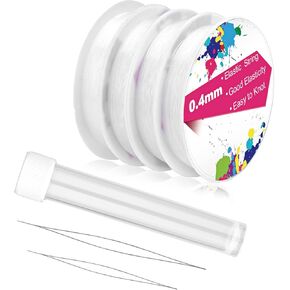 0.4mm/4 Rolls Elastic Stretch Thread for Bracelets, Transparent Beading String with 2 Sizes Big Eye Bead Needles and Needle Bottle, Clear Stretch Cord Thread for Jewelry Bracelet Necklace Making Wire