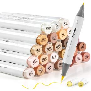 Ohuhu Skin Tone Alcohol Markers Brush Tip - 24 Portrait Color Markers for Artist Adults Coloring Illustration - Chisel & Brush - Honolulu - Refillable